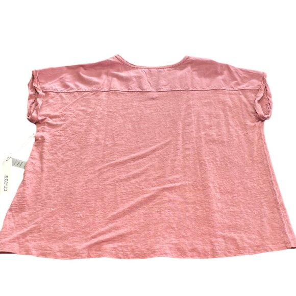 Chico's Shirt Size 3 XL NWT Pink V Neck Linen Knit Woven Seamed Tee Dusted Mauve - Picture 7 of 11